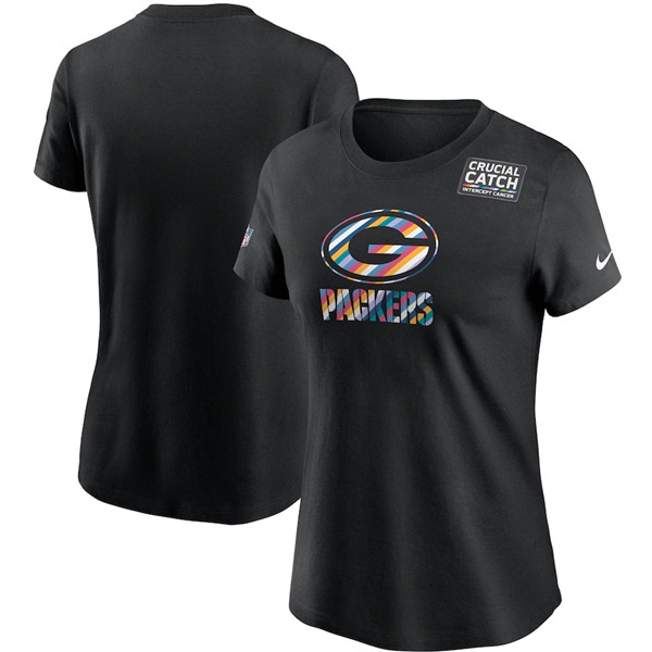 Women's Green Bay Packers Black Sideline Crucial Catch Performance T-Shirt 2020(Run Small)